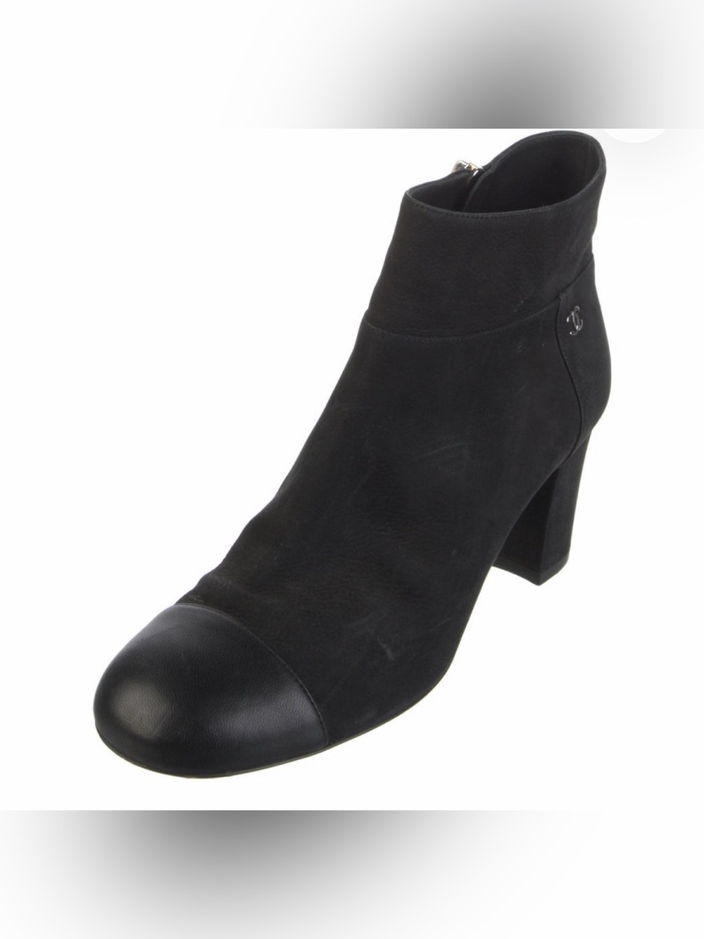 CHANEL Black Suede & Leather Cap-Toe Block Heel Ankle Bootie